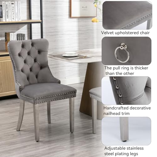 Image of 11 Pieces White Faux Marble Extendable Dining Table Set, 63 inch-94 inch Rectangular Expanding Kitchen and Dining Room Table Set for 10 with Mirrored Acrylic Base & Grey Velvet Upholstered Chairs