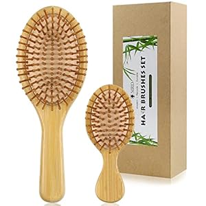 Juego de 2 cepillos de pelo de bambú natural con paleta para desenredar el pelo de madera y mini cepillo de tamaño de viaje, masaje del cuero cabelludo grueso, fino, rizado, seco, para mujeres,