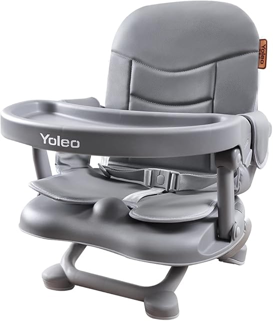 YOLEO Booster Seat for Children with Soft Cushion, Portable High Chair for Baby, Only 2 kg, with Safety Belt and Removable Tray, Baby Feeding Table, for Kid from 6 to 36 Months (Gray with Cushion)
