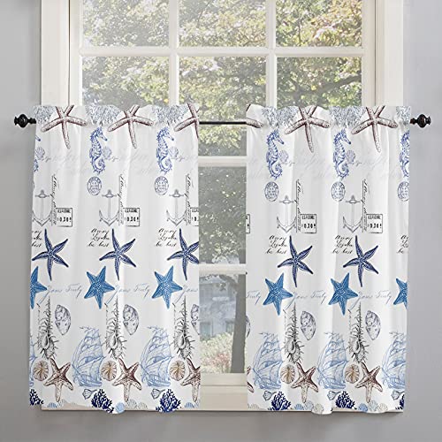 Jolunifun Ocean Beach Starfish Kitchen Curtain,Blue Nautical Anchor Small Short Cafe Tiers Harf Curtains Drape, 2 Panel Coastal Beachy Shell Coral Rod Pocket Drapery Panels, 42W*54Hinch*2Panels #TOP1