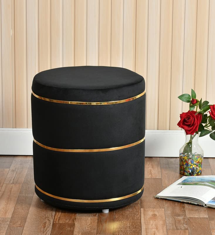 Round Velvet Ottoman Stool with Storage for Living Room | Luxury Upholstered Pouffe Seat with Gold Metal Rings | Modern Footrest Stool for Bedroom (Black)-image-30