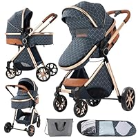2 in 1 Baby Stroller, Convertible Foldable Standard Stroller, Reversible Pushchair Infant Buggy Carriage, Portable High Landscape Pram for Toddler Newborn, Aluminum Alloy (225 Blue)