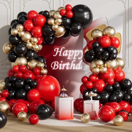 Image of Red Balloons Arch Kit 155Pcs Black Gold Metallic 18 10 5 Inch | Red Different Sizes Latex Balloon Garland for Birthday Anniversary Graduation Party Decorations