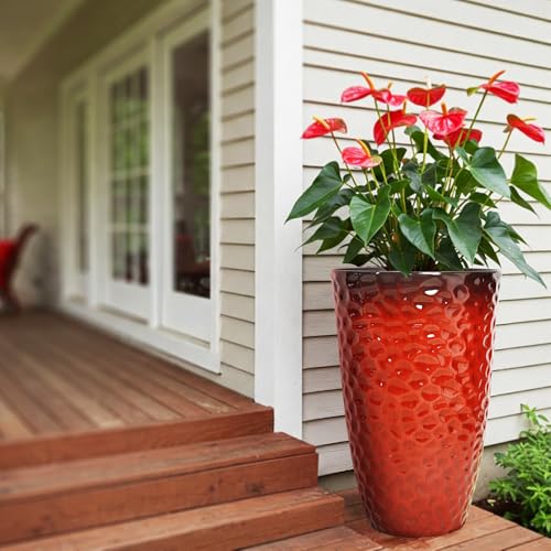 Worth Garden 14" Dia x 24" H Large Plastic Planters with Drainage Hole, Set of 2 Hammered Texture Red Glossy Smooth Finish, Tall Taper Round Decorative Flower Plant Pot for Indoor Outdoor, Front Porch - Image 5