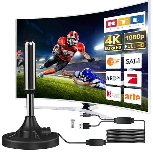 DVB-T2 Antenne mit Verstärker für Innen – Zimmerantenne für Fernseher, DVB-T/T2, TV Antenne 4K UHD Full HD, 360° Empfang bis 500 km, kostenlose Sender