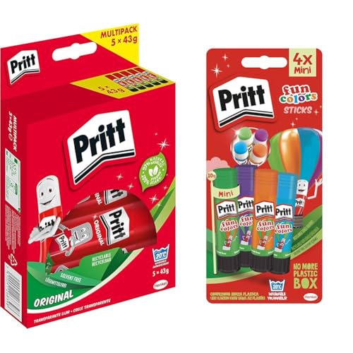 Pritt Colla Stick 5 X 43 gr, Colla per Bambini Sicura e Affidabile, 10 Stick X 43 gr + Pritt colle stick Fun Colors, colla colorata per bambini, per lavoretti e fai da te, 4 colori in stick da 10g