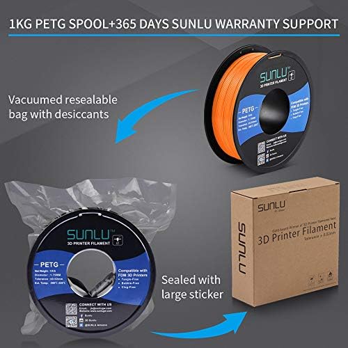 PETG 3D Printer Filament 1.75mm, SUNLU PETG Filament, Strong 3D Filament, Dimensional Accuracy +/- 0.02 mm, 1 kg Spool, Orange