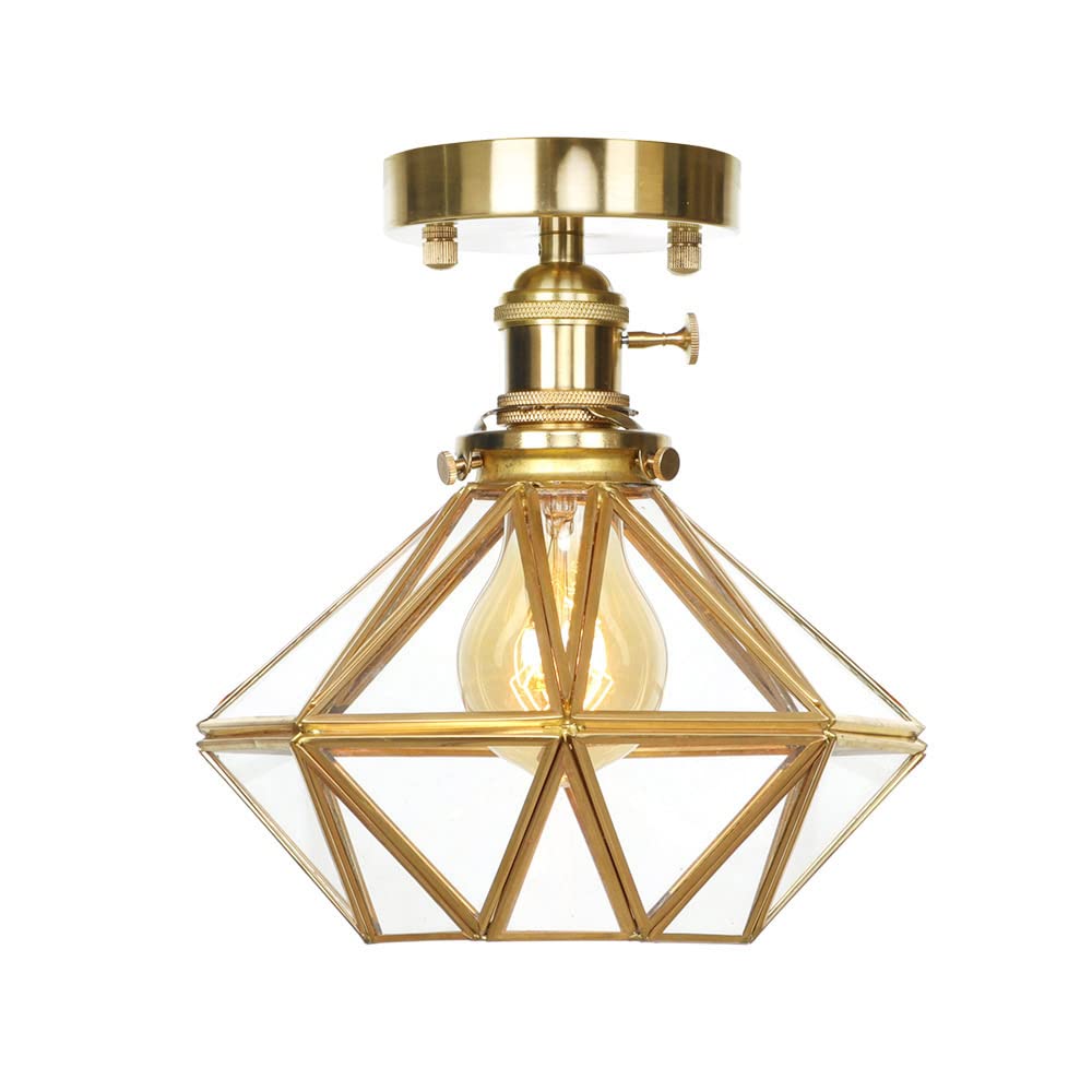 Lampa sufitowa, szklana lampa półmontażowa, 7,8 cala (19,8 cm) wysoka mosiężna lampa sufitowa w stylu Mid-Century, lampa do przedpokoju z 8-ramiennym kloszem diamentowym w kształcie gwiazd