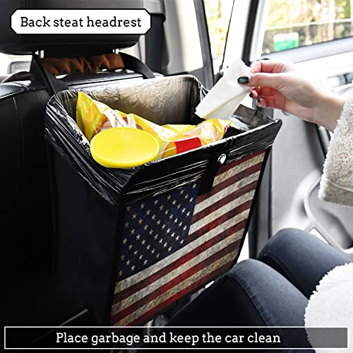 Image of American Flag Vintage Car Trash Can Foldable Hanging Car Trash Bag Bin Auto Garbage Can Leak-Proof Car Organizer(Large)