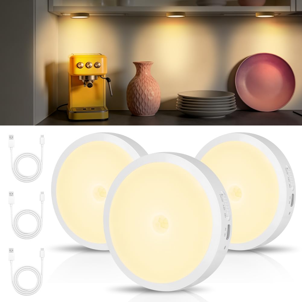 AUAUY 3 Pack Motion Sensor Lights Indoor, Warm White 4000K LED Stick on Wall Lights with Magnetic Base, USB Rechargeable, 3 Modes Sensor Night Light for Hallway, Stairs, Wardrobe, Cabinet, Closet
