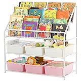 Large Kids Bookshelf with 6 Storage Box,5 Tier Metal Kids Bookcases Children's Toy Storage Rack, 6...