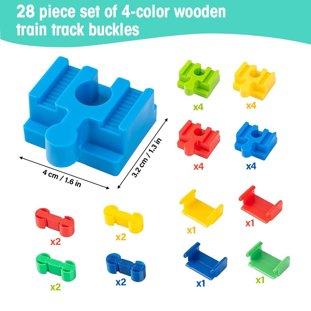 Train en Bois Enfant Accessoires de Rail en Plastique, 28 Pièces Adaptateurs De Pont Compatibles, Adaptateurs de Rails en Bois Universels, Convient pour Les Enfants Agés de 3 à 7 Ans
