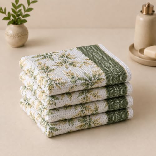 Image of Cotton Rich Printed Waffle Hand Towel | Lightweight | Anti Microbial & Water Absorbent | Soft Touch Quick Drying Towels (Sage Botanical, Pack of 4)