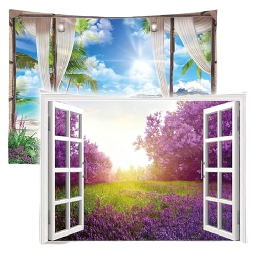 Ulticool – Tapiz Decoración Piso - Playa Mar Naturaleza Lavanda Flores - Azul Blanco Púrpura - Juego de 2 diseños - 73 cm x 95 cm - Toalla de pared - Accesorios para dormitorio, salón