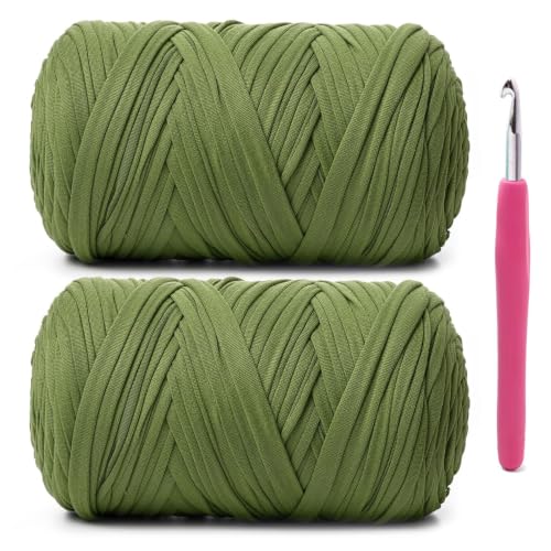Image of 2 Pack Soft Tshirt Crochet Yarn, 800g /228yds High Elastic Hand Knitting Yarns, Thick T Shirt Yarn for Crocheting Bags, Baskets, Cushions, DIY Crafts(Avocado Green + Avocado Green)