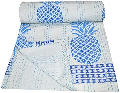 YUVANCRAFTS Indian Traditional Pineapple Print Cotton Kanhta Quilt Handblock Vintage Queen Kantha Throw Banket Bedspread