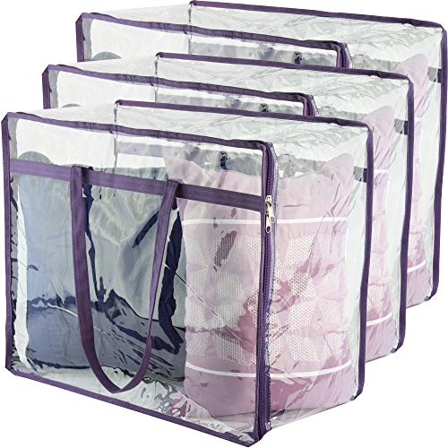 Clear Vinyl Zippered Storage Bags (3-Pack) 40L Sturdy Storage Bags for Sweaters, Blankets, Comforters, Bedding Sets and Much More! (Purple, 18x15x9)