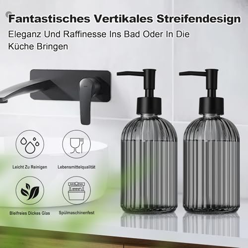 GMISUN Seifenspender, 425ml Schwarz Seifenspender Glas, 2 Stück Soap Dispenser Mit Pumpe, Modern Gestreifter Spülmittelspender Für Bad Und Küche, Pumpspender, Flüssigseifenspender 3