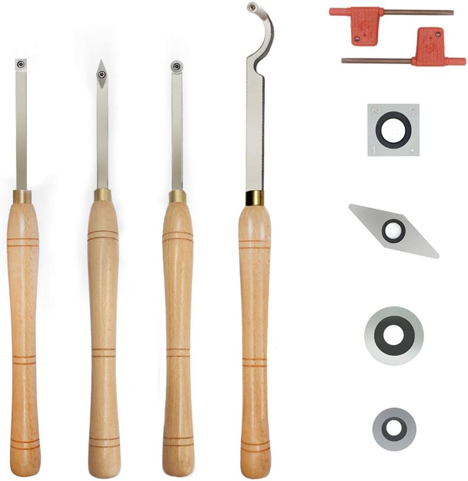 Carbide Tipped Wood Turning tools Lathe set （Finisher/Rougher/Detailer/Hollower Swan Neck Hollower with Solid Wood Handle）and Diamond/Round/Square Carbide Inserts