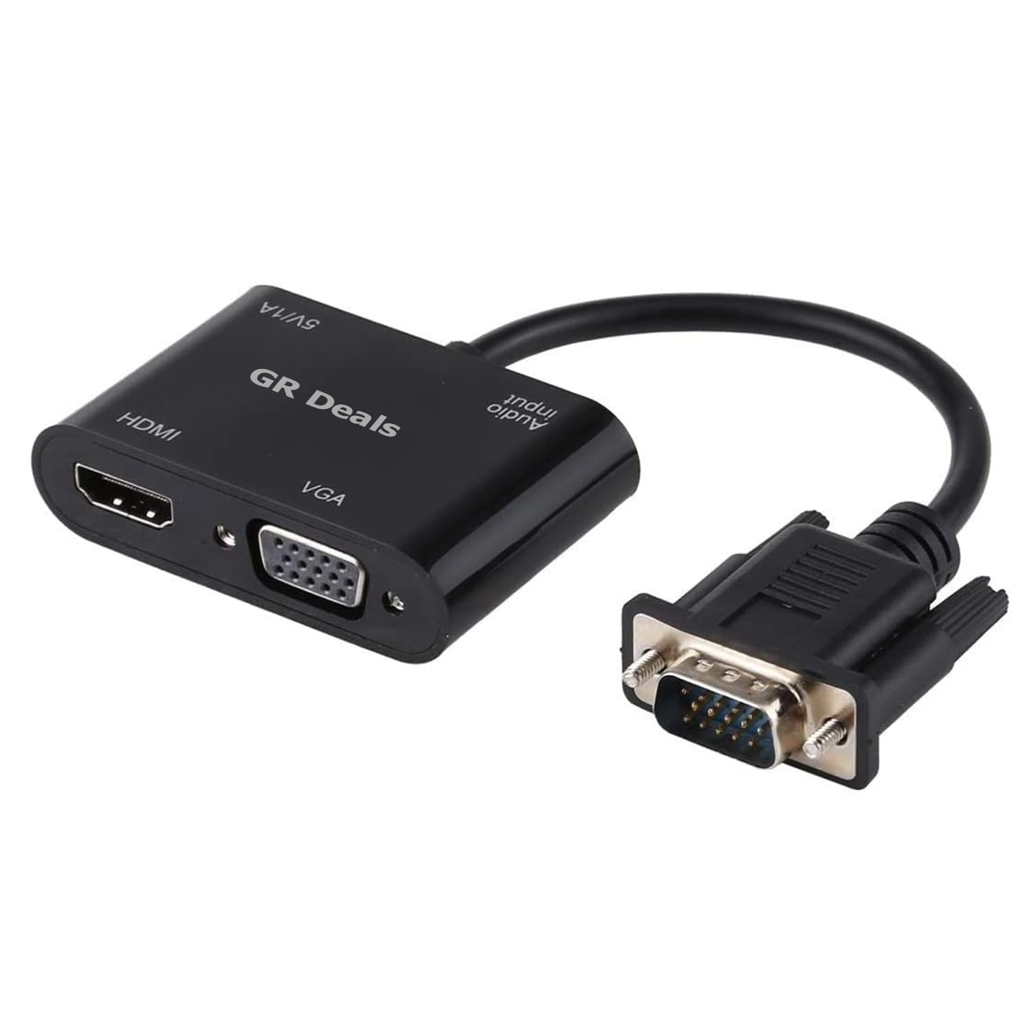 GR Deals VGA to HDMI VGA Adapter, VGAsplitter, HDMI VGA 2 Out Converter with Charging Cable and 3.5mm Audio Cable for Computer, Desktop, Laptop, PC, Monitor, Projector and More. (Black).