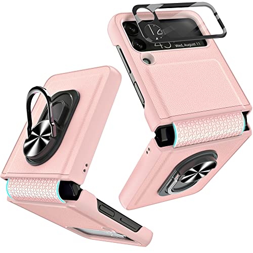 Viaotaily for Galaxy Z Flip 4 Case with Kickstand & Hinge Protection, Magnetic Cover with Ring & Camera Screen Protector, Shockproof Full-Body Protective Case for Samsung Galaxy Flip 4 5G 2022 (Pink)