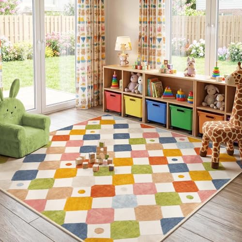 Image of jinchan Macy Area Rug for Kids Room 6'x6' Square Rug Modern Colorful Nursery Rug Checkered Diamond Play Mat Washable Soft Non Slip Carpet for Playroom Bedroom Dorm Daycare Circus on Cream