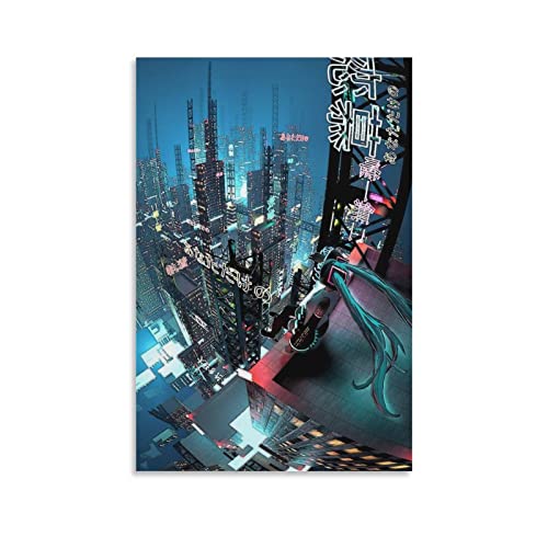 QLAZO Anime Girl Japan City Neon Rooftop Night Pretty Modern Singing Poster for Aesthetic Room Decor Merch Art Wall Print Wallpaper for Bedroom for Teen Girls Boys 12x18inch(30x45cm)