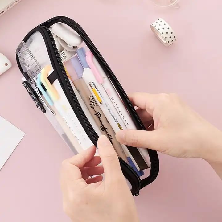 Mincer Polyester Durable Storage Multiple Compartment Double Zipper Portable Capacity Pencil Net Pouch, Study Pencil Pouch Mesh Transparent Case, Pack Of 1 (Black) 2