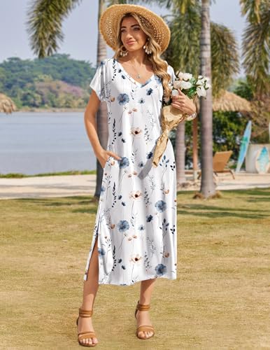 Image of Zeagoo Women Summer Floral Dress Short Sleeve Beach Dress with Pockets Casual V-Neck Split Long T-Shirt Dress Travel Vacation