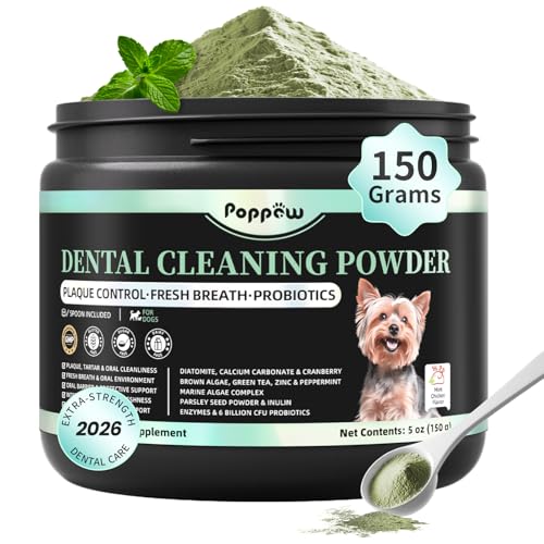 POPPAW Dog Dental Powder – Teeth Cleaning Powder with 6B CFU Probiotics, Enzymes & Antioxidants, Plaque & Tartar Off, Fresh Breath Support, 75 Days, Mint Chicken Flavor, No Brushing Oral Care