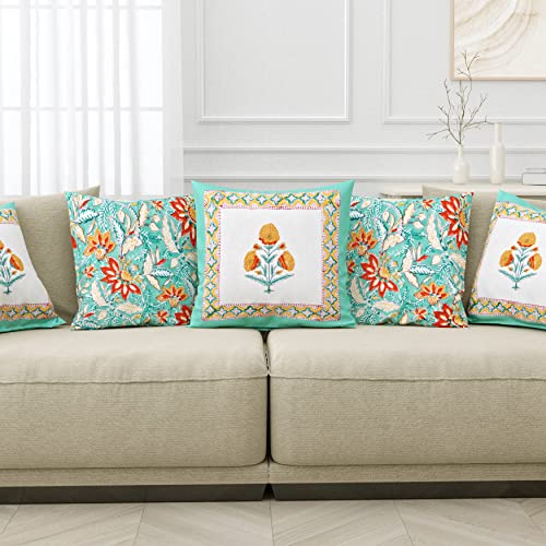Image of BLOCKS OF INDIA Hand Block Printed Cotton Linen Cushion Cover (16 X 16 Inches) (Green Yellow Motifs), 250 TC