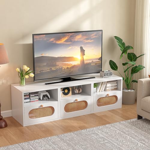 FurniNova 3-in-1 Modular TV Stand with Rattan Doors, DIY Media Console Boho Entertainment Center Modern TV Cabinet with Open Shelves,White - Image 4
