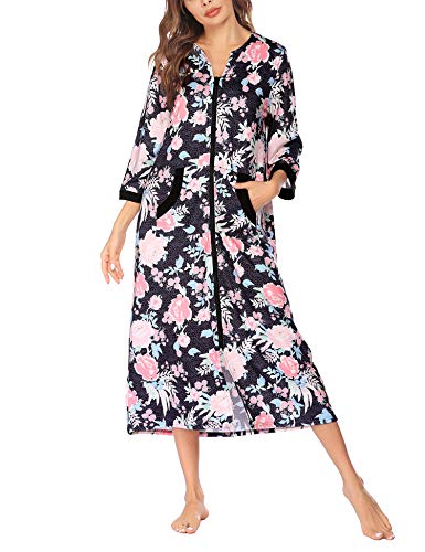 Image of Ekouaer Women Zipper Robe 3 /4 Sleeves Loungewear Dress Full Length Sleepwear Pockets Housecoat Nightgown Long Bathrobe