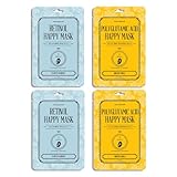 4 Mascarillas Faciales Coreanas: Retinol Happy Mask y Polyglutamic Acid Happy Mask. Tratamiento antiedad con efecto alisador. Aporta luminsodad, elasticidad e hidratación intensa a la piel.