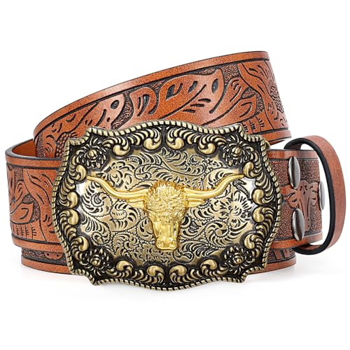 WHIPPY Cowgirl Gürtel für Damen Herren Western Kunstleder Gürtel für Jeans Vintage Cowboygürtel Braun Gold Schnalle 110cm