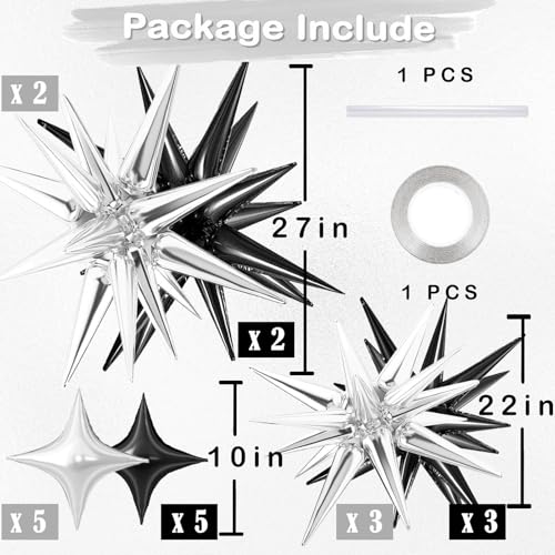 20 Pcs Star Balloons 27”22”Explosion Foil Balloons- Spike Balloon and Four Pointed Star Balloon for Party Supplies Christmas Birthday Wedding Photo Booth (Silver Black) - Image 4