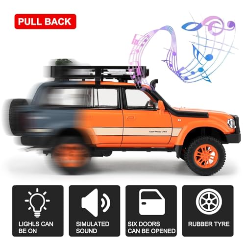 Image of 1:24 Scale Land Cruiser Toy Car for Kids Diecast Metal Car Light Sound Pullback Openable Door Model Cars, Orange