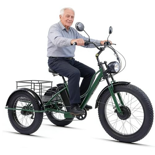 Wasd3Pods Fat-Tire-Dreirad Für Erwachsene Mit Korb – 20-Zoll-Elektro-Dreirad Mit Carbonstahlrahmen – 3-Rädriges Freizeitrad – Elektrisches Lastendreirad Für Senioren Green-noseat