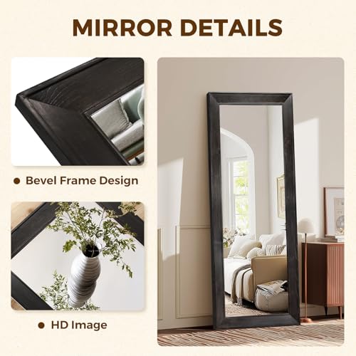 Image of 58x22in Full Length Mirror, Rustic Black Beveled Wood Frame