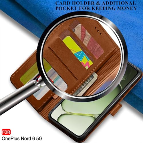 Image of TheGiftKart Genuine Leather Finish Flip Back Cover Case for OnePlus Nord 6 5G / CE 6 5G | Inbuilt Pockets & Stand | Wallet Style | Designer Button Magnet Flip Back Cover Case (Faux Leather, Brown)
