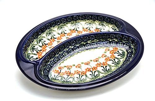 Polish Pottery Dish - Divided Polish Sausage - Peach Spring Daisy