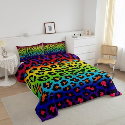 Image of Girls Colorful Cheetah Printed Comforter Set - Full Size Women's Down Alternative Comforter for All Season - Rainbow Leopard Print Quilt Set