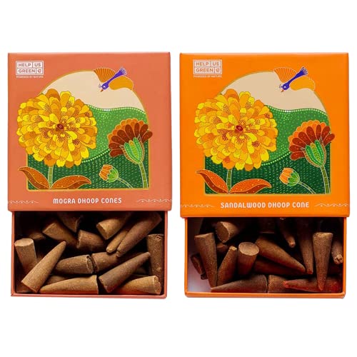 Image of HelpUsGreen Sandalwood and Mogra Organic Dhoop Cones Pack of 2 (80 Cones) with Free Ceramic Holder| Natural Charcoal Free Incense Cones for Pooja, Meditation, Yoga| Long Lasting and Low Smoke
