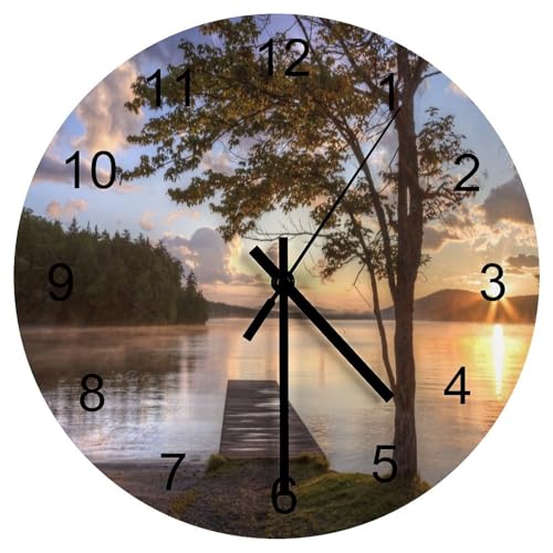 LOMADIA Scenic Nature Wood Wall Clock, Natural Lake Landscape Tree Woodland Beautiful Scenery 12 Inch Silent Non-Ticking Battery Operated Round Clock for Bedroom Living Room Office Kitchen Decor