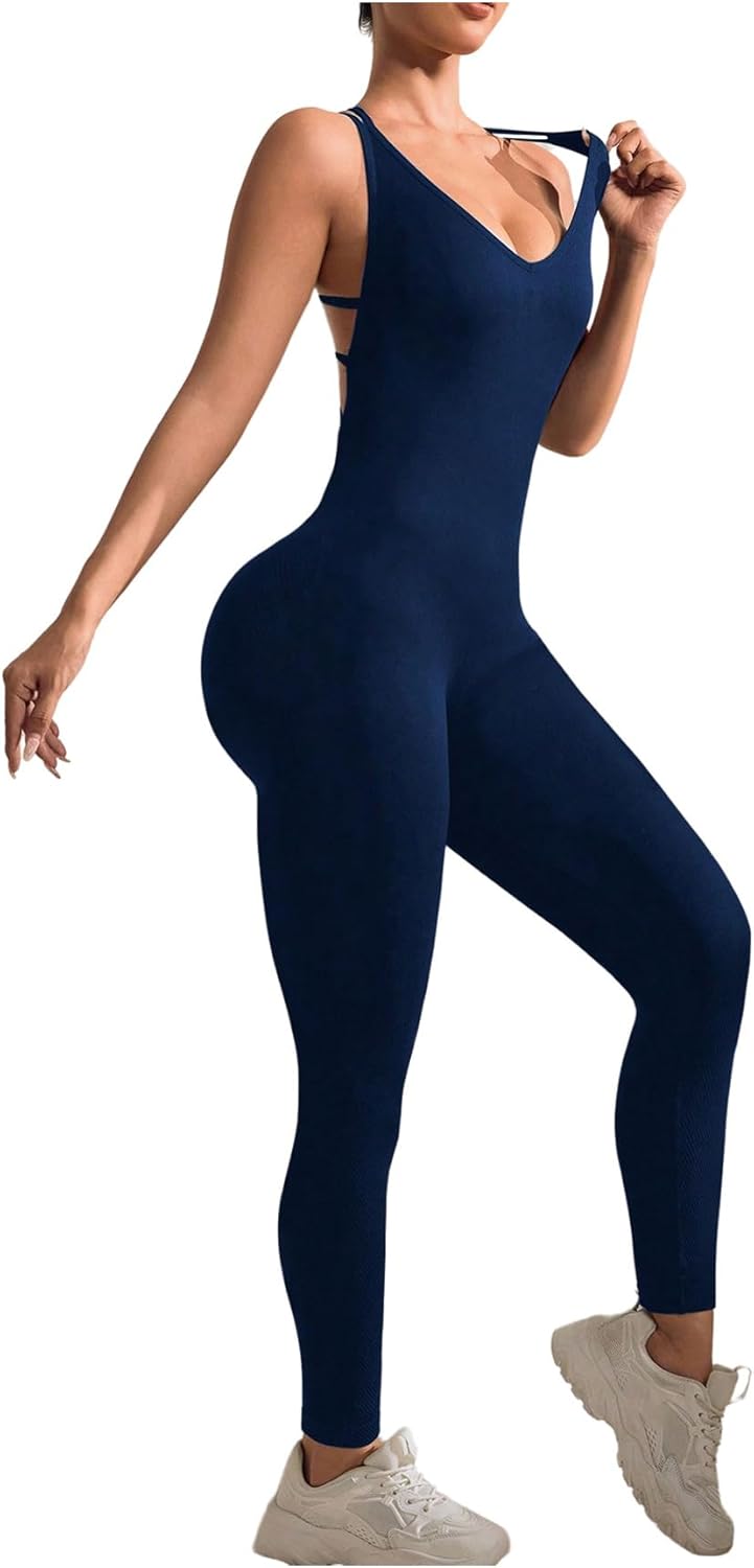 WDIRARA Women's V Neck Sleeveless Workout Jumpsuit Tummy Control Crisscross Backless Yoga Gym Pants Romper