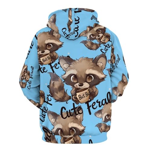 Raccoon Cute But Feral Loves Coffee Adult Pullover Hoodies Long Sleeve Sweatshirt Casual Tops with Pockets for Women Men3