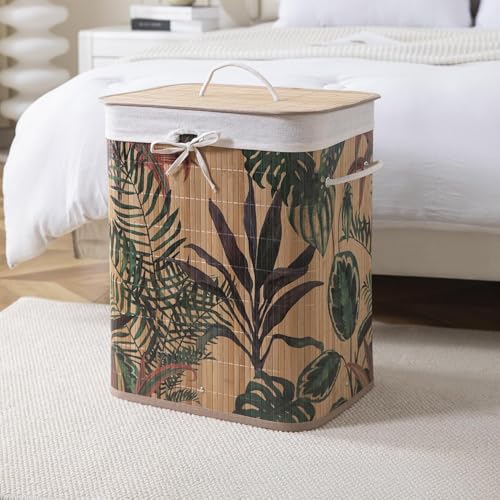Image of HOKIPO Eco-Friendly Foldable Bamboo Laundry Basket Hamper with Lid, Large - 60 Liter, Ficus Leaves (AR-5749), Multicolor