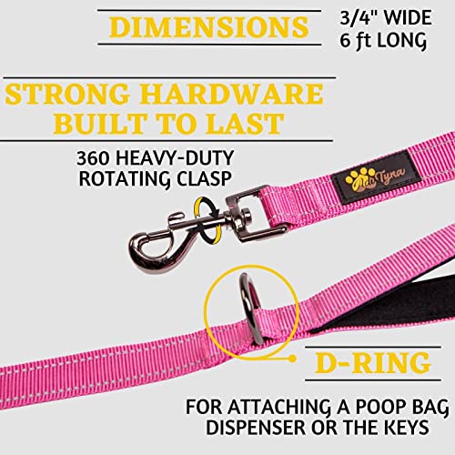 Adityna - Comfortable 6 Ft Pink Dog Leash For Small, Medium, Large Dog Breeds - Double Handle Padded With Ultra Soft Neoprene - Heavy Duty, Reflective, Weatherproof, And Chew Proof Dog Lead #TOP1