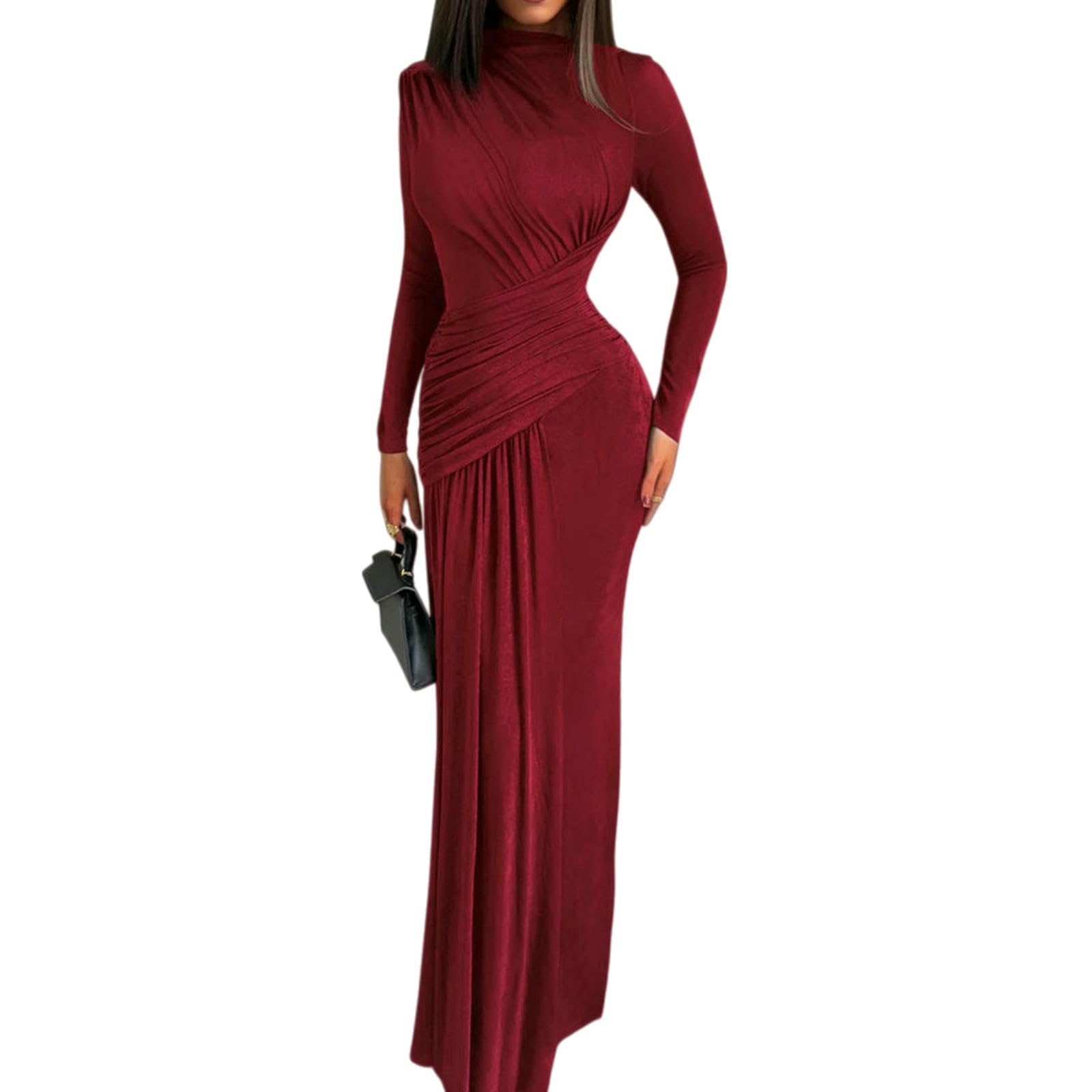 Vestito Donne Alto Collo Ruched Maxi Abito, Manica Lunga Bodycon Abito da Sera con Drappato Dettaglio, Elegante Formale Rosa per Il Wedding Ospite Cocktail Party-Burgundy-s
