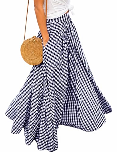 AELSON Womens Gingham Maxi Skirt High Waist Plaid Long Skirts for Women Pleated A Line Flowy Checkered Skirt Summer Casual